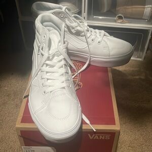 White canvas high top platform Vans 8.5